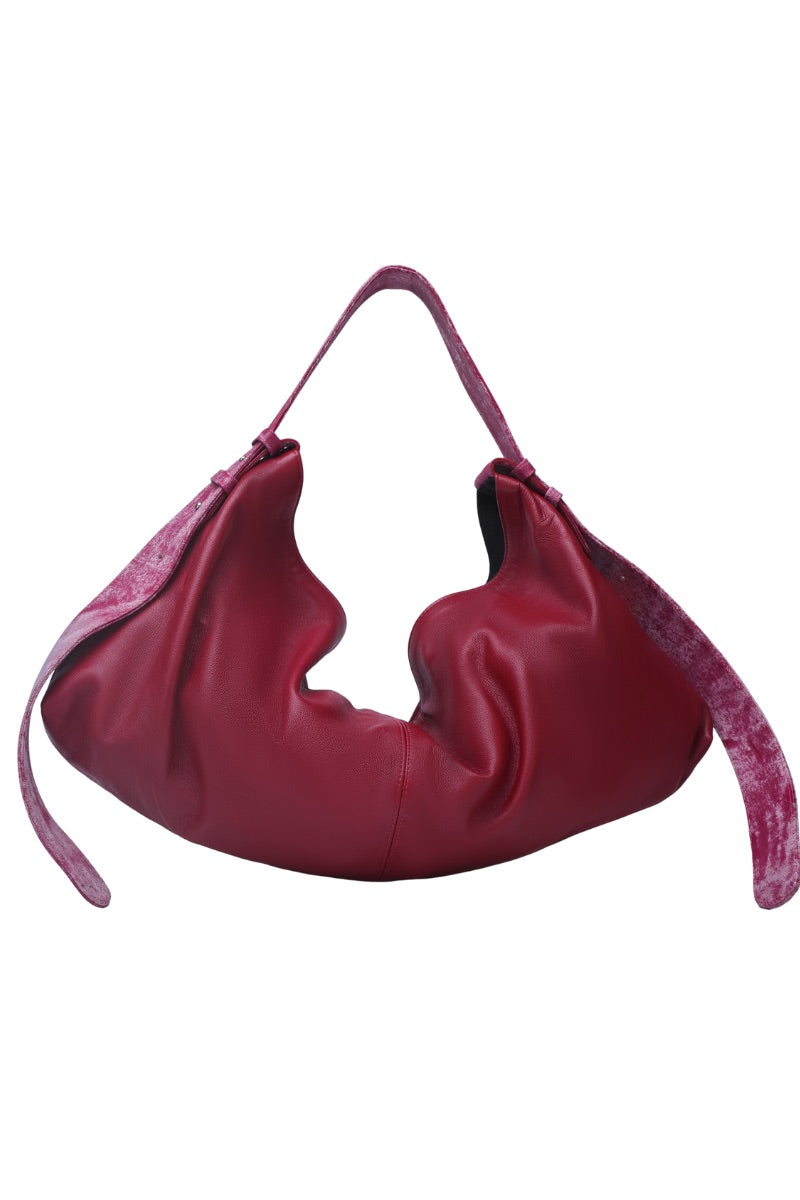 Red oversized leather shoulder bag from Double A's Ophelia II collection with sturdy handles and spacious interior.