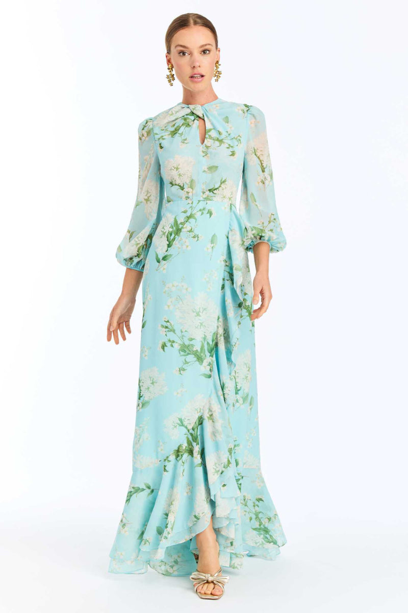 OPHELIA CHIFFON GOWN IN BLUE BOTANICA