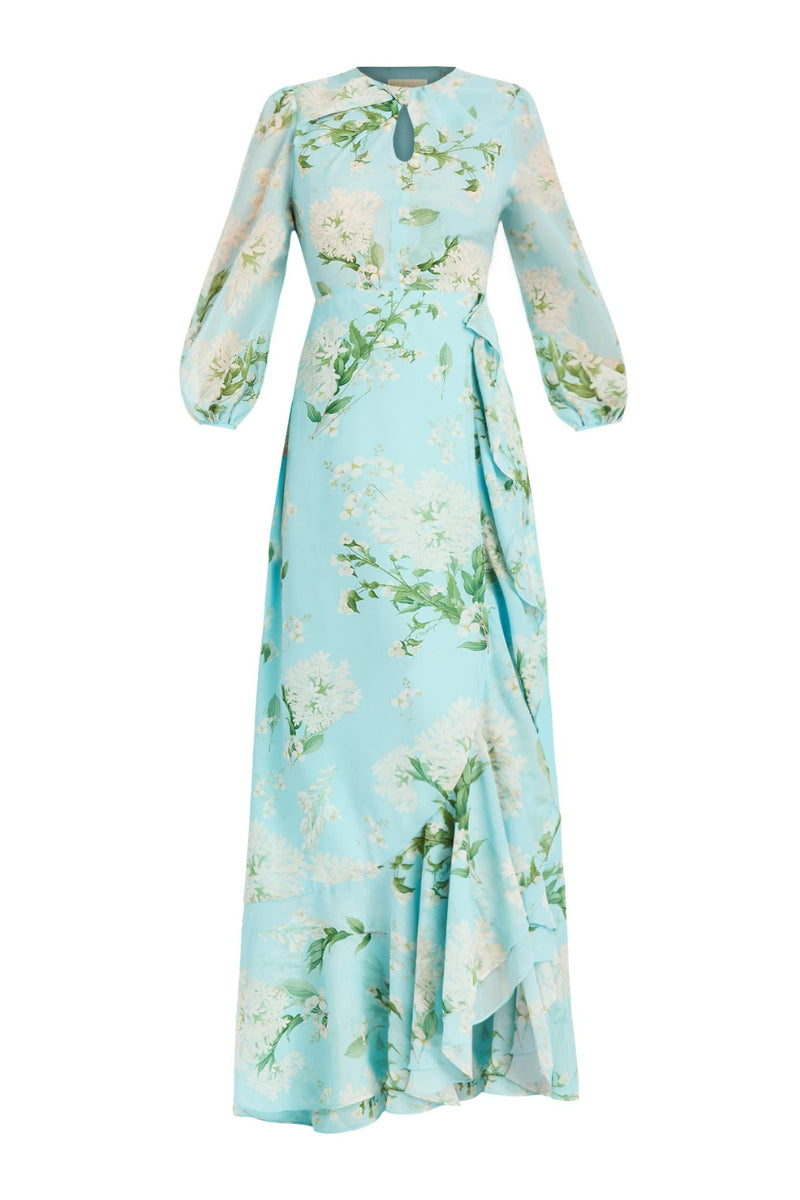 OPHELIA CHIFFON GOWN IN BLUE BOTANICA