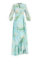 Blue Ophelia chiffon gown by Mestiza New York featuring a flowing maxi dress with floral botanical patterns.