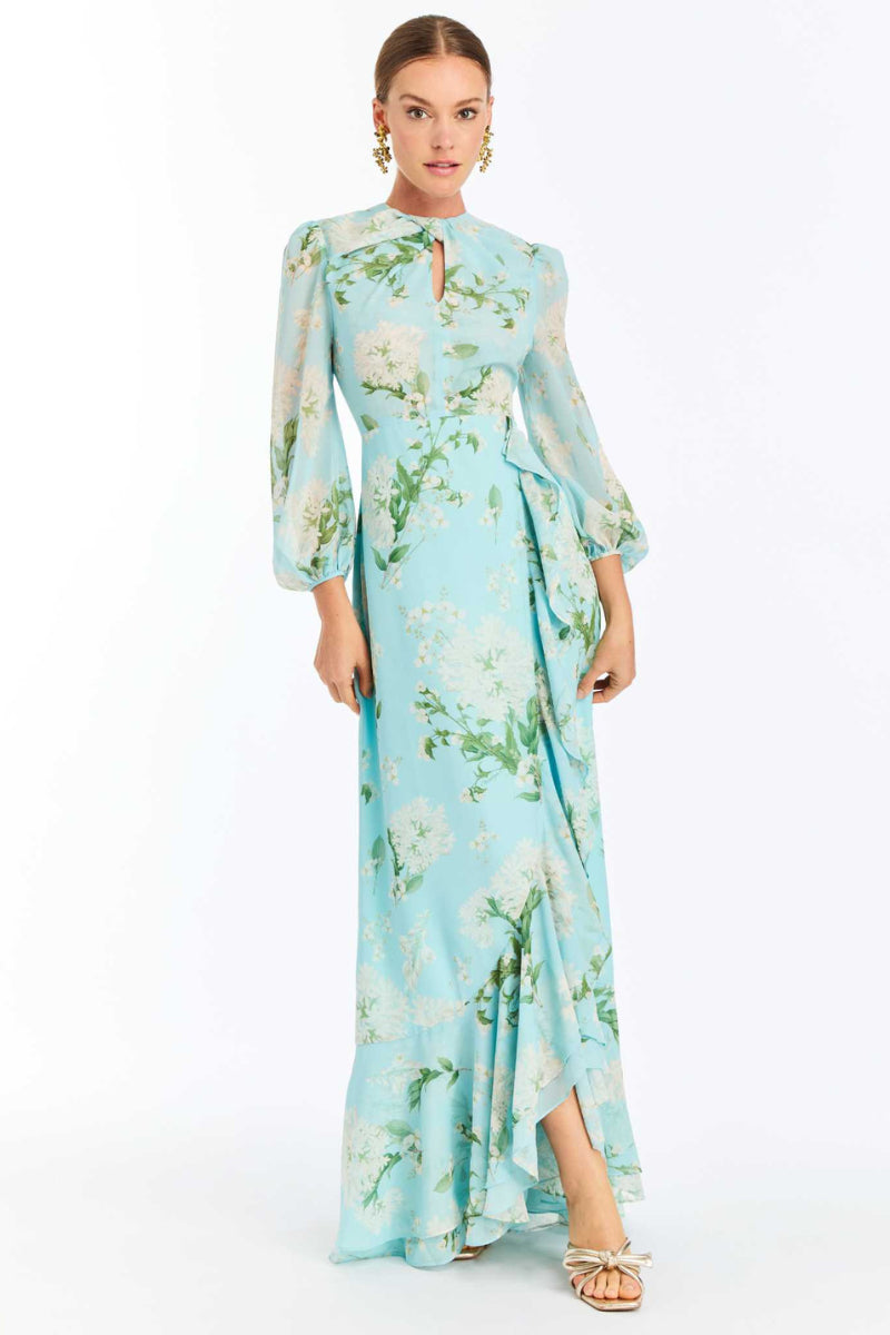 Mestiza New York OPHELIA CHIFFON GOWN IN BLUE BOTANICA Mestiza New York OPHELIA CHIFFON GOWN IN BLUE BOTANICA