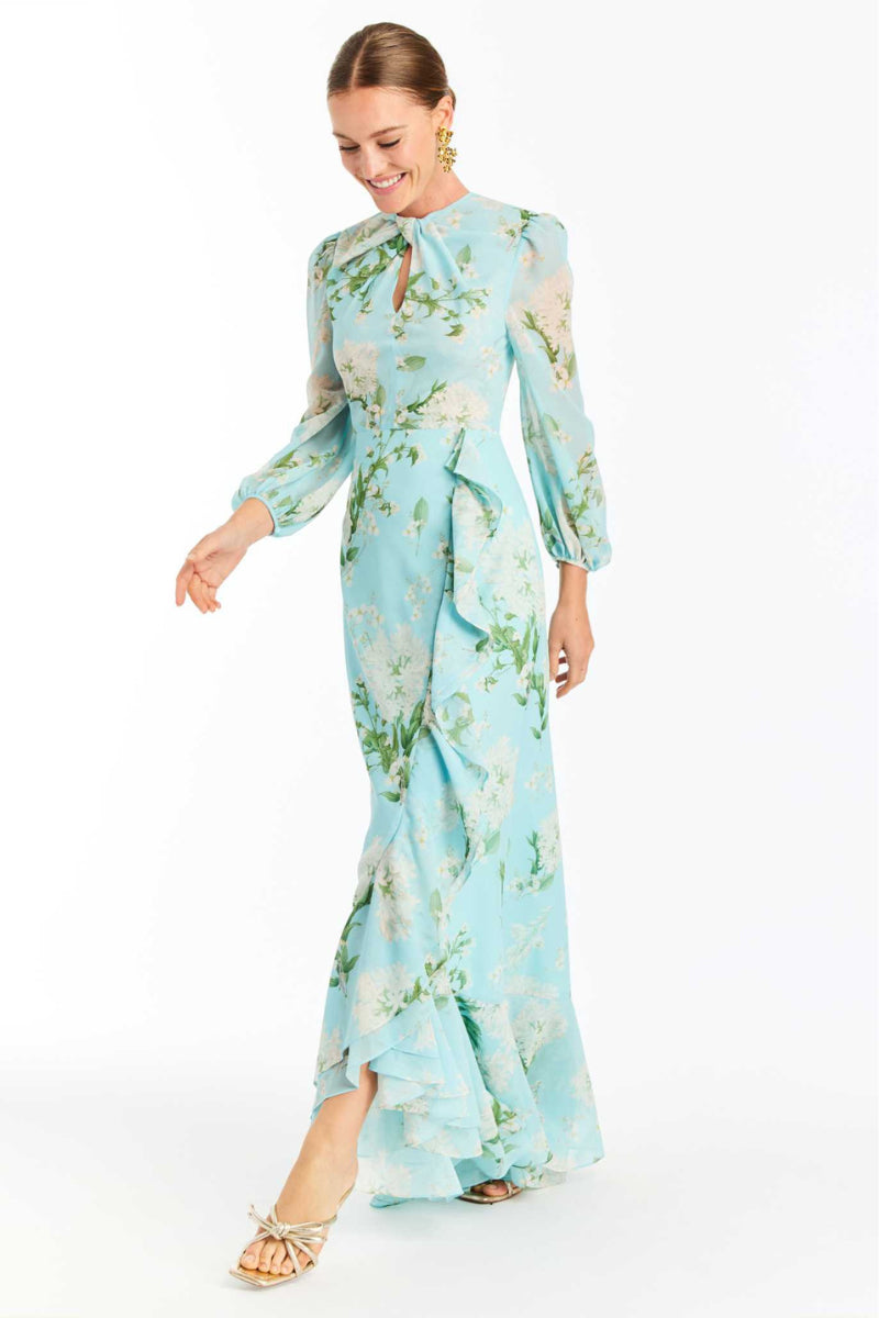 mestiza dress design OPHELIA CHIFFON GOWN IN BLUE BOTANICA | CULT MIA