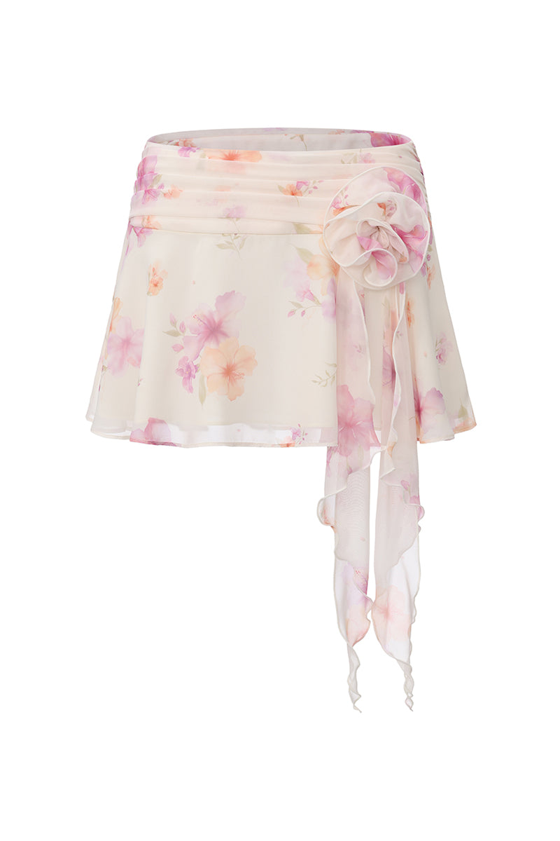 Nana Jacqueline Ophelia floral mini skirt in beige with rosette print, showcasing the front view of the stylish skirt.