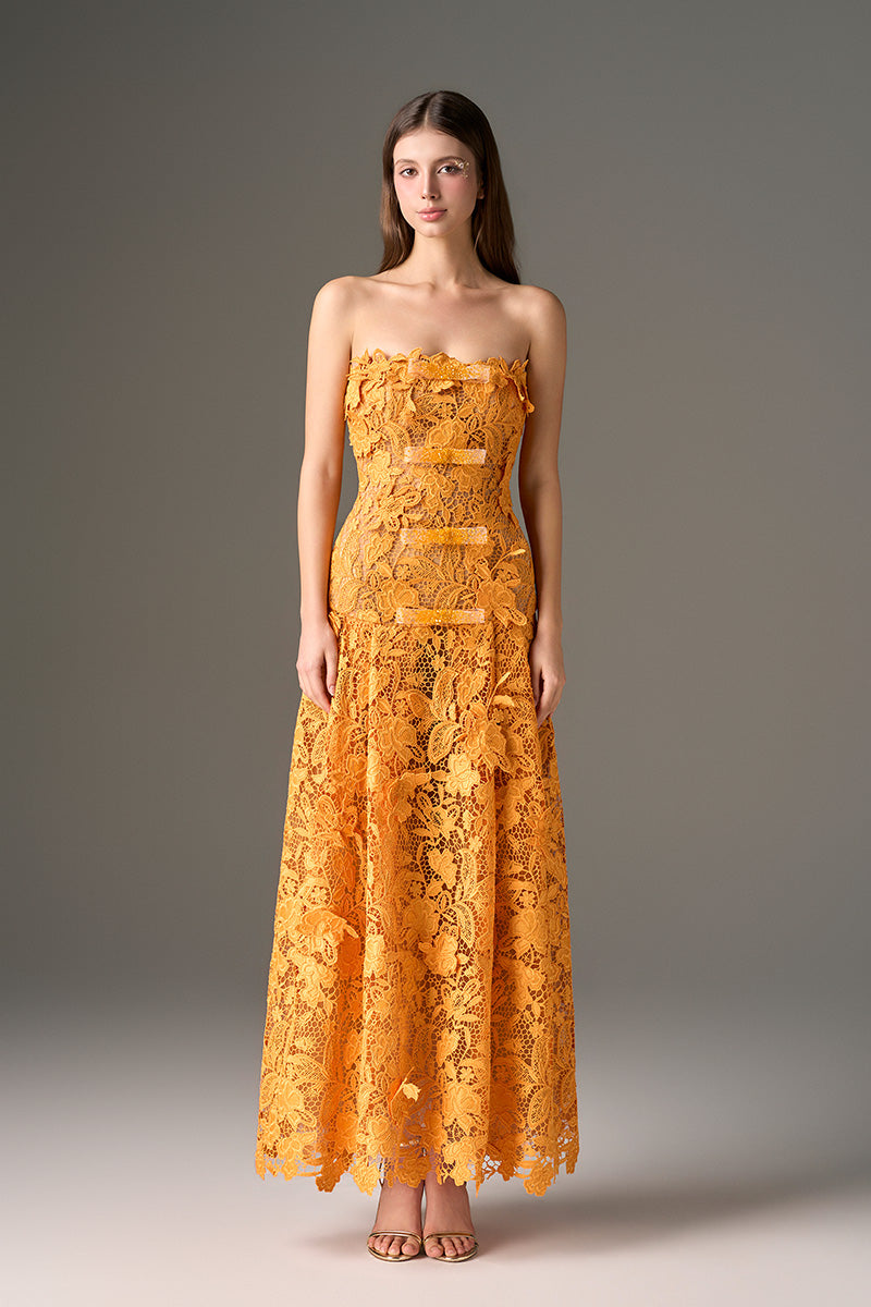 Orange floral garden print strapless A-line midi dress by I.H.F Studio, perfect for spring and summer occasions.
