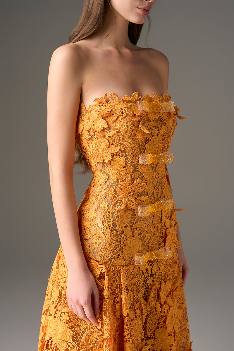 Orange floral strapless maxi dress by I.H.F Studio featuring an A-line silhouette and elegant flowing fabric.