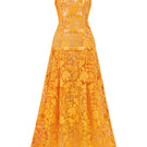 Orange floral garden strapless A-line maxi dress by I.H.F Studio with a flowing silhouette and vibrant floral pattern.