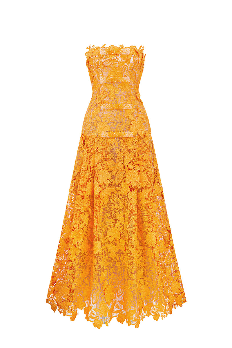 Orange floral garden strapless A-line maxi dress by I.H.F Studio, shown on a hanger with a flowing, elegant silhouette.