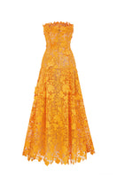 Orange floral garden strapless A-line maxi dress by I.H.F Studio with a flowing silhouette and elegant design.