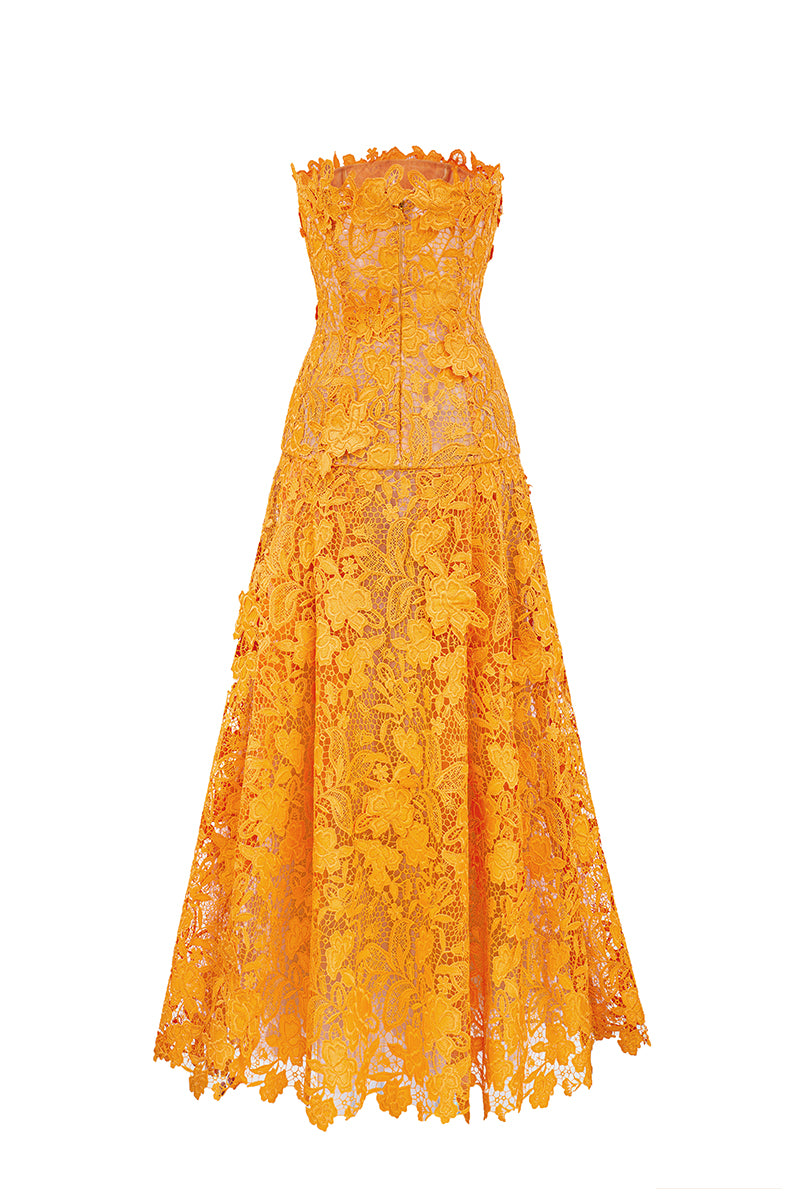 Orange floral garden strapless A-line maxi dress by I.H.F Studio with a flowing silhouette and elegant design.