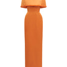 Orange taffeta gown with a cropped cape and inverted lapel by I.H.F, featuring elegant design and vibrant color.