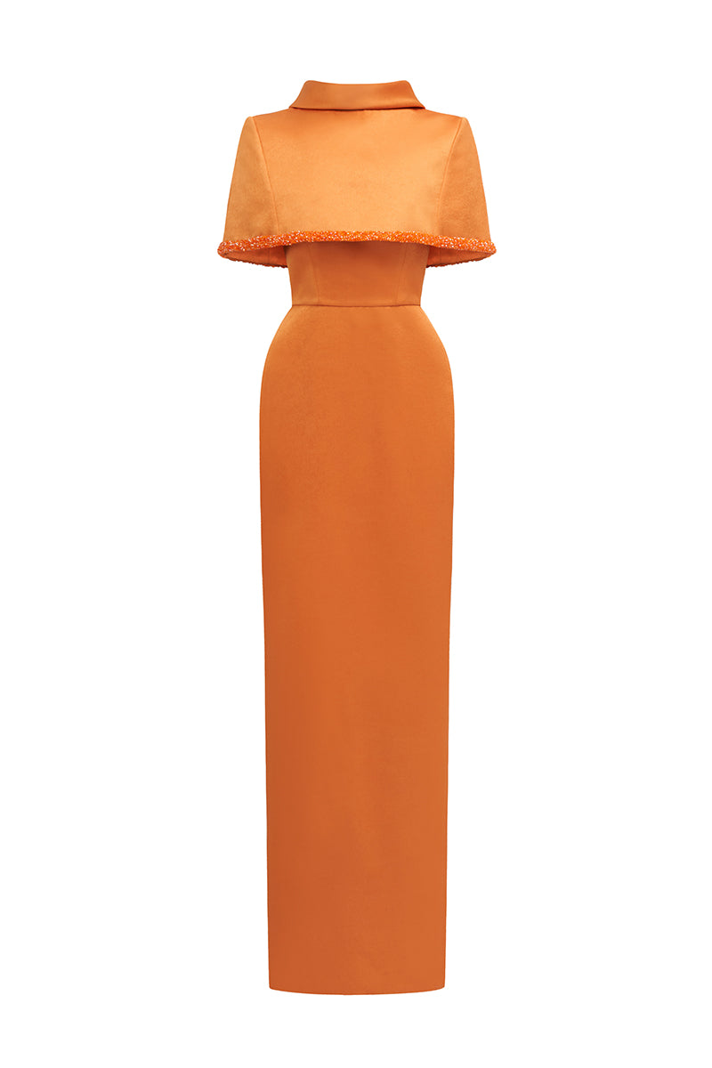 Orange taffeta maxi dress with a cropped cape and inverted lapel by I.H.F, showcasing elegant evening wear.