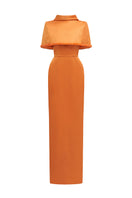 Orange taffeta gown with a cropped cape and inverted lapel by I.H.F, featuring elegant design and vibrant color.