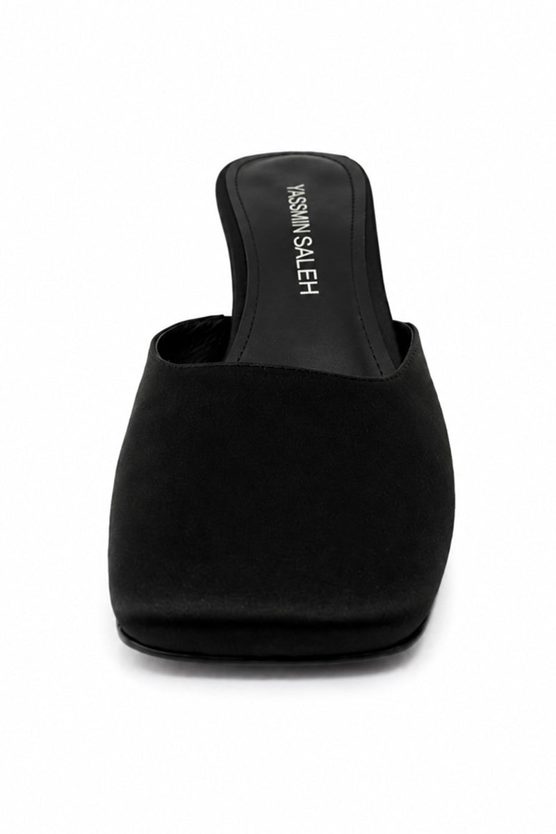 Black Orbit heels by Yassmin Saleh, stylish women's heels with a sleek design, shown from the front view.
