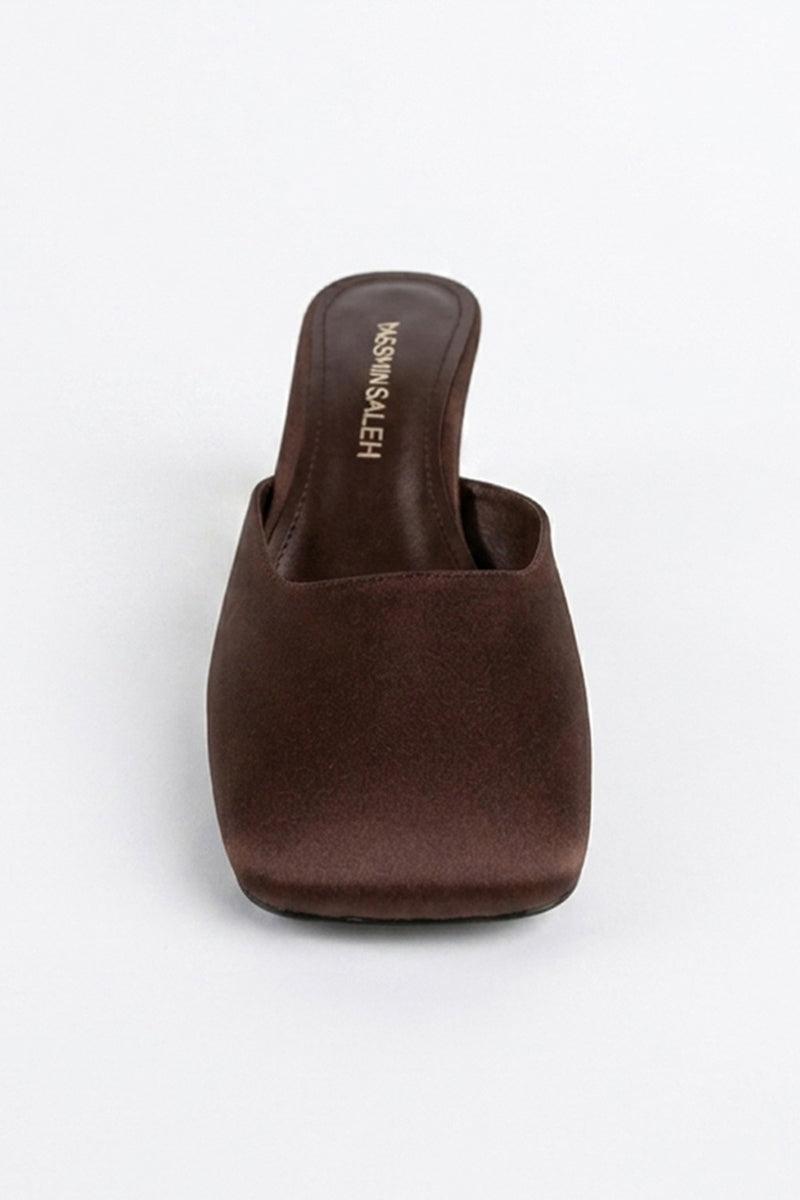 YASSMIN SALEH Orbit heels in brown with ghost front design, stylish women's footwear, side view showing elegant heel detail.