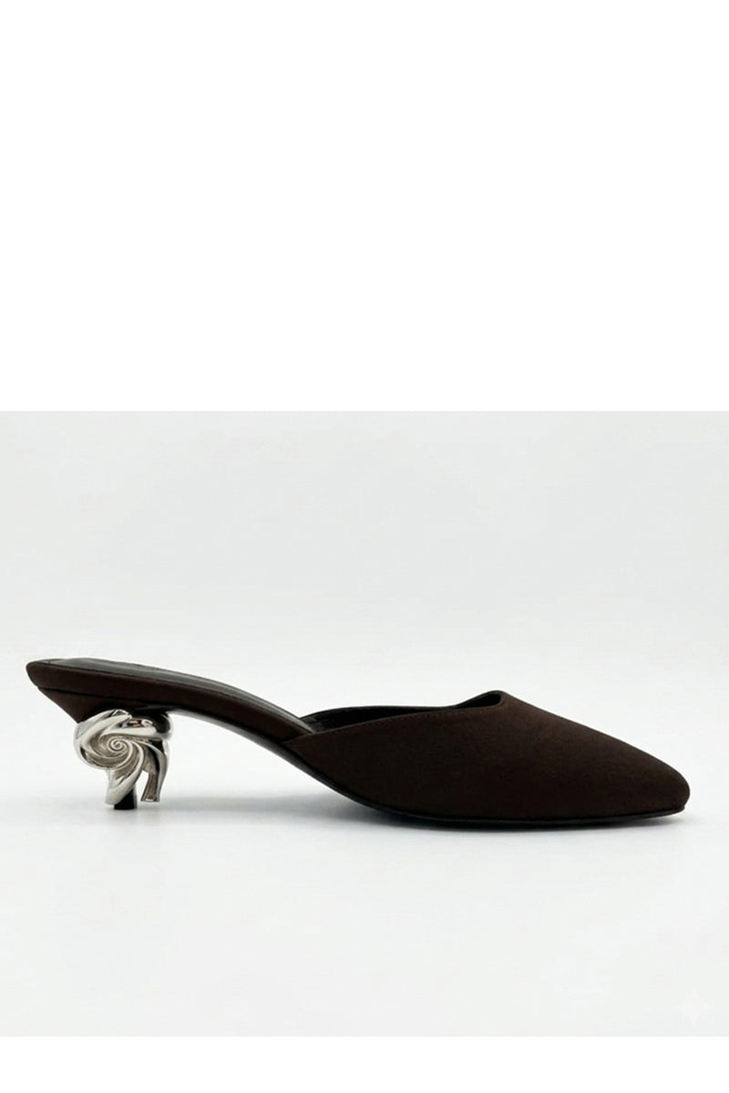 YASSMIN SALEH Orbit heels in brown with ghostly interior design, stylish high-heeled footwear for women.