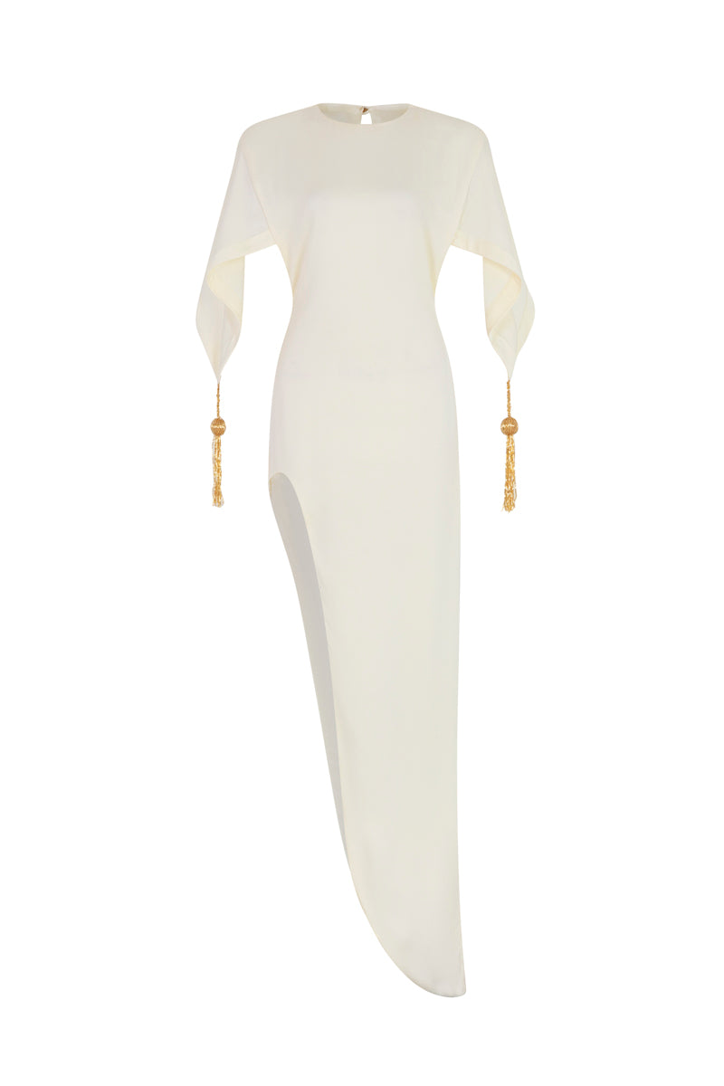 Ivory POEM maxi dress hanging on a mannequin, featuring a flowing design and elegant style, perfect for casual or formal occasions.