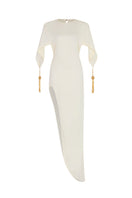 Ivory POEM Maxi Dress with flowing fabric and elegant design, showcased on a model in a stylish, casual setting.