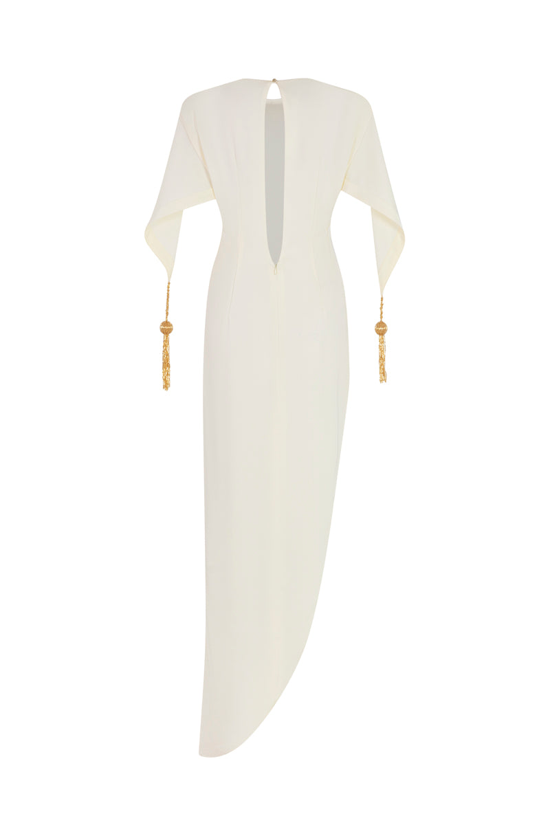 Ivory maxi dress by POEM with a flowing silhouette, showcased on a hanger against a neutral background.