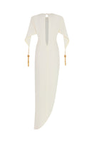 Ivory POEM Maxi Dress with flowing fabric and elegant design, shown on a model in a studio setting.