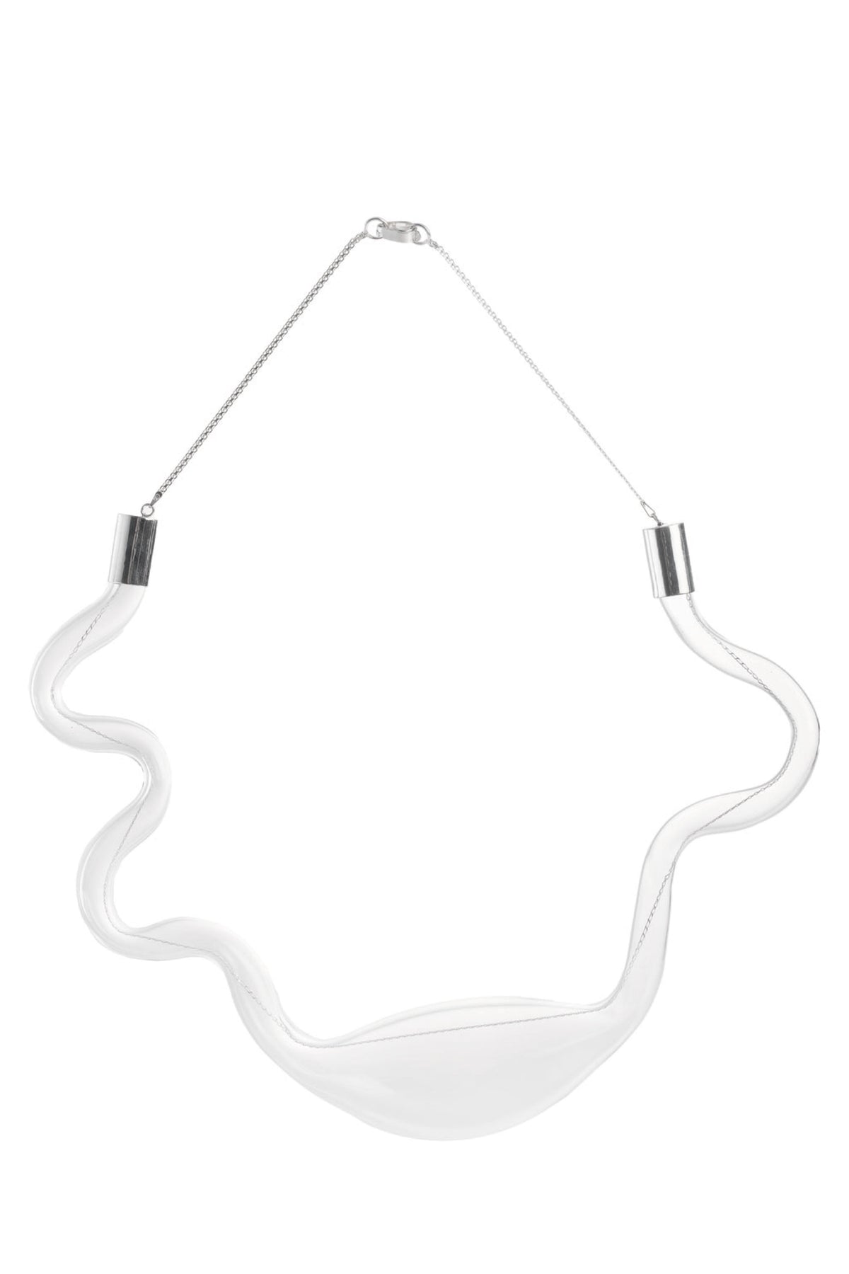 Organic glass necklace by MAZ Manuela Álvarez featuring a sleek, transparent glass pendant on a delicate chain.