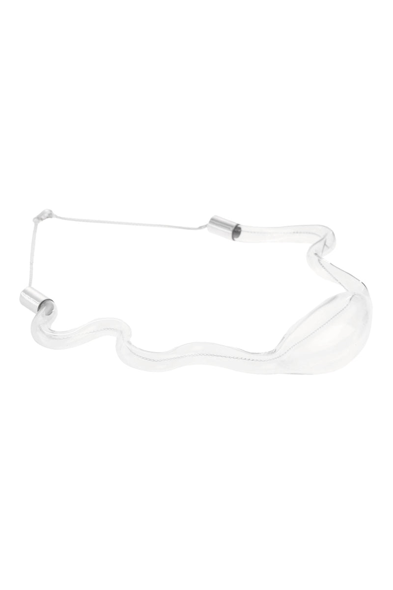 Organic glass necklace by MAZ Manuela Álvarez featuring a sleek, transparent design with organic shapes and a delicate chain.
