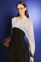 Off-shoulder taffeta jumpsuit by Levia featuring a stylish off-shoulder design and elegant fabric, shown with a matching organza crop shirt.