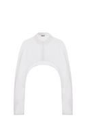 Light blue LECIA organza crop shirt with long sleeves and a button-up front, displayed on a hanger against a neutral background.