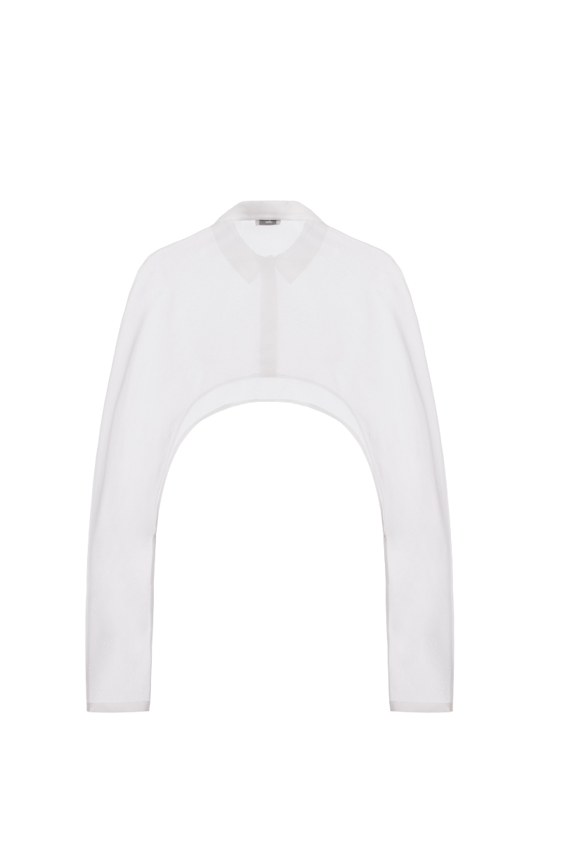 Light blue LECIA organza crop shirt with long sleeves and a button-up front, displayed on a hanger against a neutral background.