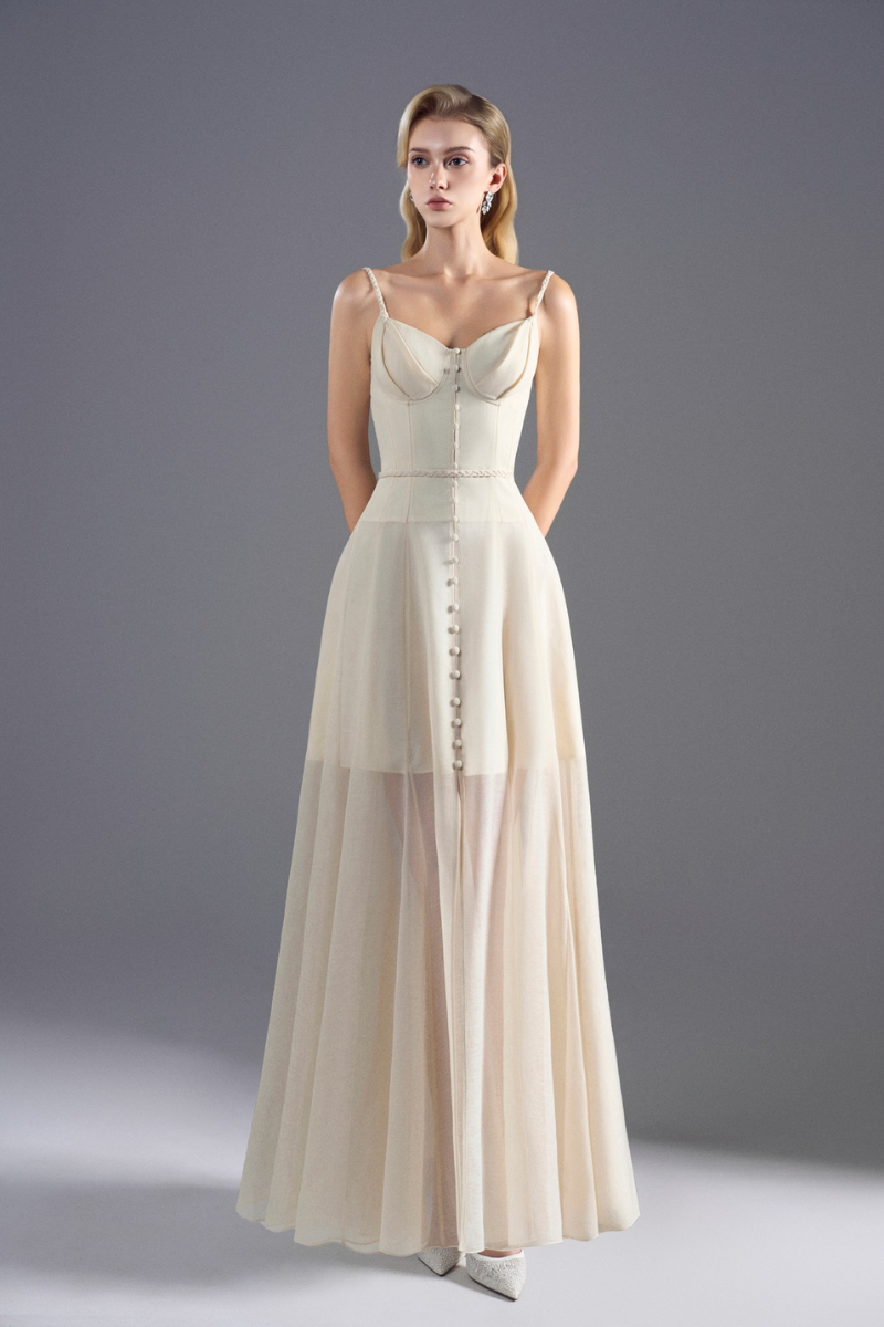 ROSEE de MATIN SOFT FLOW ORGANZA MAXI DRESS IN IVORY