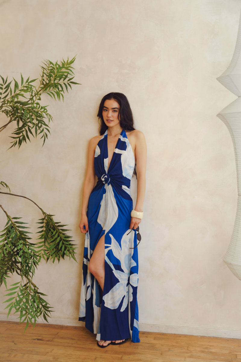Summer Away Oriana maxi dress in Mediterranean style, flowing fabric with vibrant patterns, perfect for summer or casual wear.
