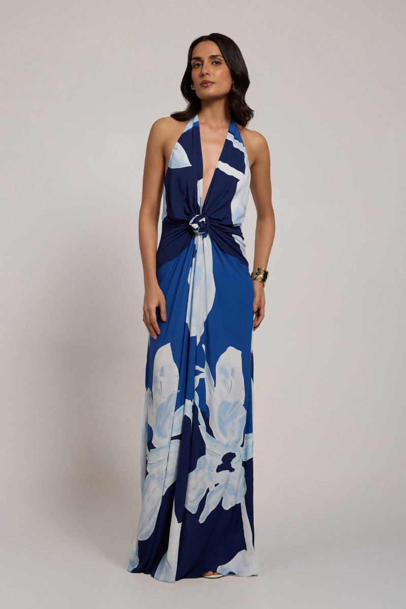 Summer Away Oriana Maxi Dress in Mediterranean with flowing fabric and vibrant pattern, perfect for summer occasions.