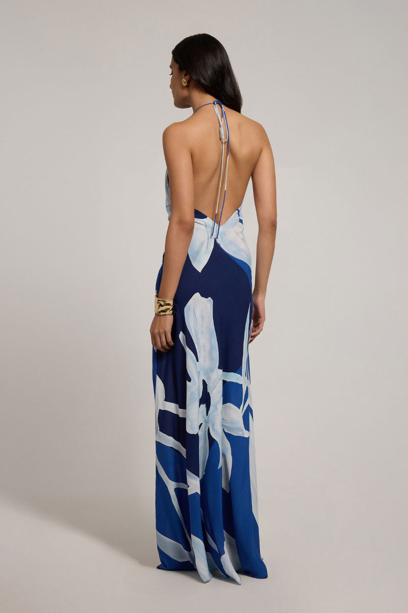 Summer Away Oriana Mediterranean maxi dress featuring flowing fabric and vibrant pattern, perfect for warm-weather occasions.