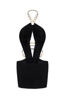 Black Oriana open-back mini dress by Nana Jacqueline, featuring a stylish back design and fitted silhouette.