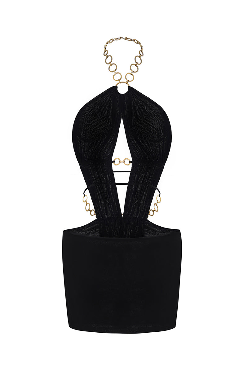 Black Oriana open-back mini dress by Nana Jacqueline, featuring a stylish back design and fitted silhouette.