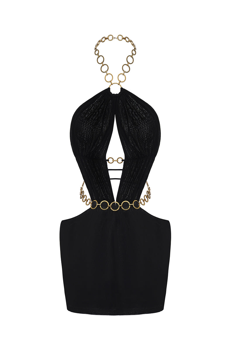 Black Nana Jacqueline Oriana mini dress with open back, fitted bodice and stylish design, perfect for elegant occasions.