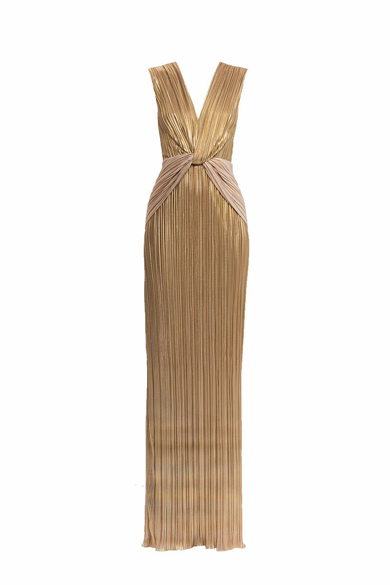 DRAPED SILK-BLEND PLISS-LAM GOWN IN GOLD | CULT MIA | SemSem DRAPED SILK-BLEND PLISS-LAM GOWN IN GOLD | CULT MIA | SemSem