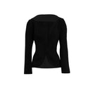 Black Outline Jacket by Yassmin Saleh featuring a sleek design and front ghost detail, perfect for stylish outerwear.