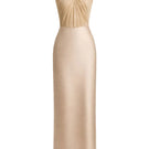 EEGEN STUDIO gold spandex sheer chiffon midi gown displayed on a model, elegant formal dress suitable for special occasions.