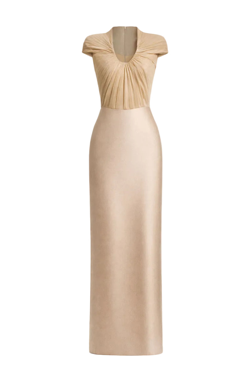 EEGEN STUDIO gold spandex sheer chiffon midi dress, a flowy maxi dress with elegant sheer fabric and a stylish silhouette.
