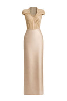 EEGEN STUDIO gold spandex sheer chiffon midi gown displayed on a model, elegant formal dress suitable for special occasions.