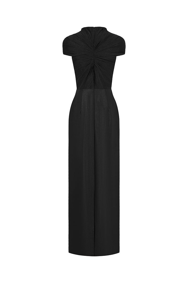 Black sheer chiffon spandex midi dress by EEGEN STUDIO, featuring a flowing maxi dress design with elegant, lightweight fabric.