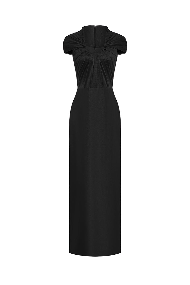 Black sheer chiffon maxi dress by EEGEN STUDIO featuring a form-fitting spandex design and elegant midi length.