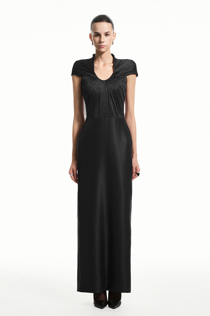 Black EEGEN Studio spandex sheer chiffon midi dress, a sleek maxi dress with flowy fabric and elegant design.