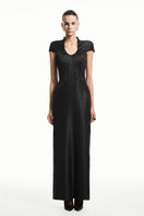 Black sheer chiffon spandex midi gown by EEGEN STUDIO featuring a flowing silhouette and elegant design.