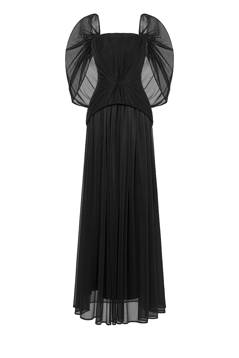 Black sheer chiffon maxi dress by EEGEN STUDIO, flowing design with long sleeves and elegant silhouette.