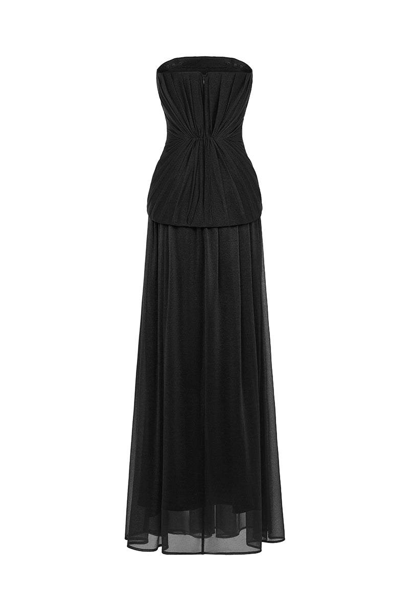 Black sheer chiffon maxi dress by EEGEN STUDIO featuring flowing fabric and elegant design, perfect for formal or evening wear.