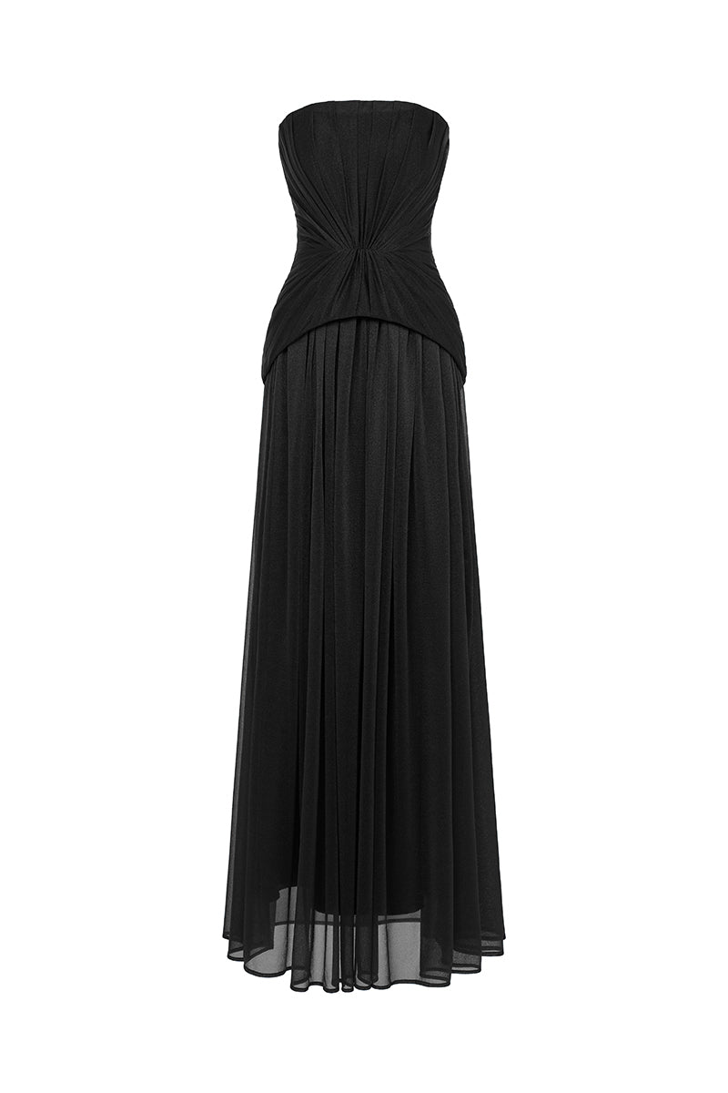 Black spandex sheer chiffon maxi dress by EEGEN STUDIO, flowing fabric and elegant design, perfect for formal occasions.