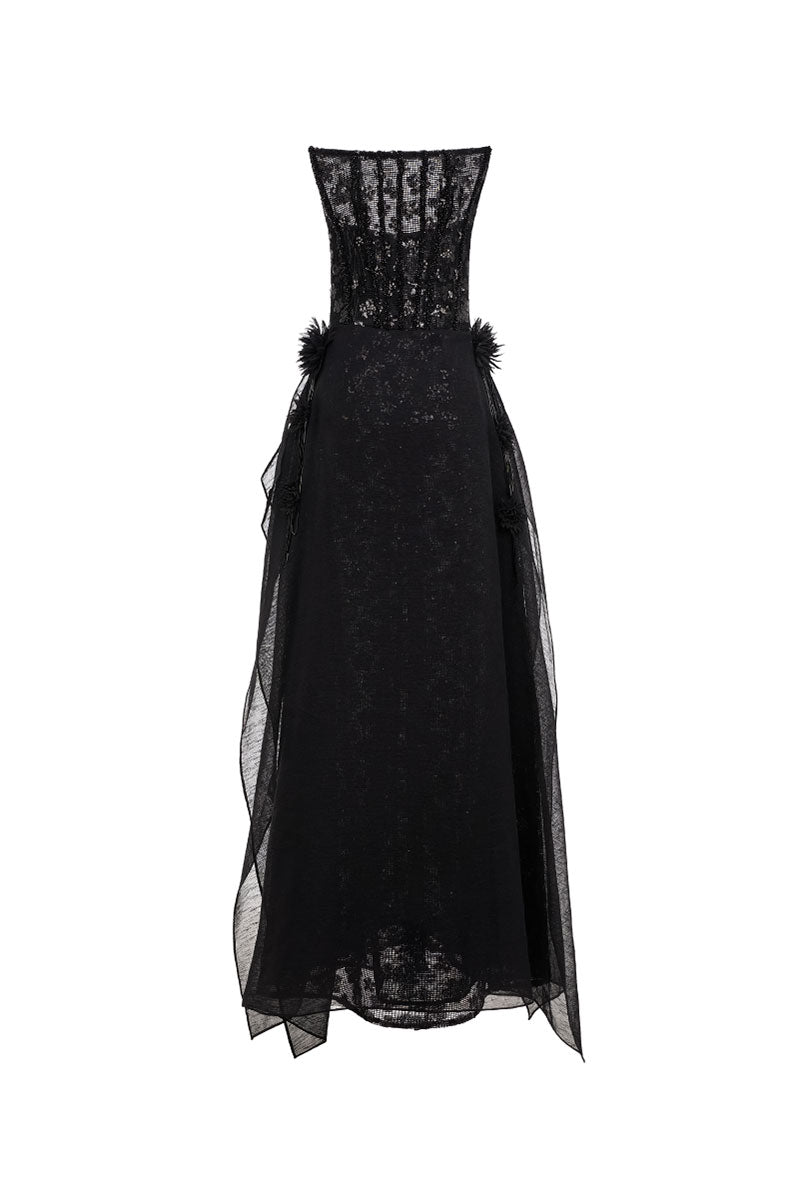 Elegant VESARA gown by EEGEN STUDIO featuring flowing fabric and intricate design, shown in a stylish front view.