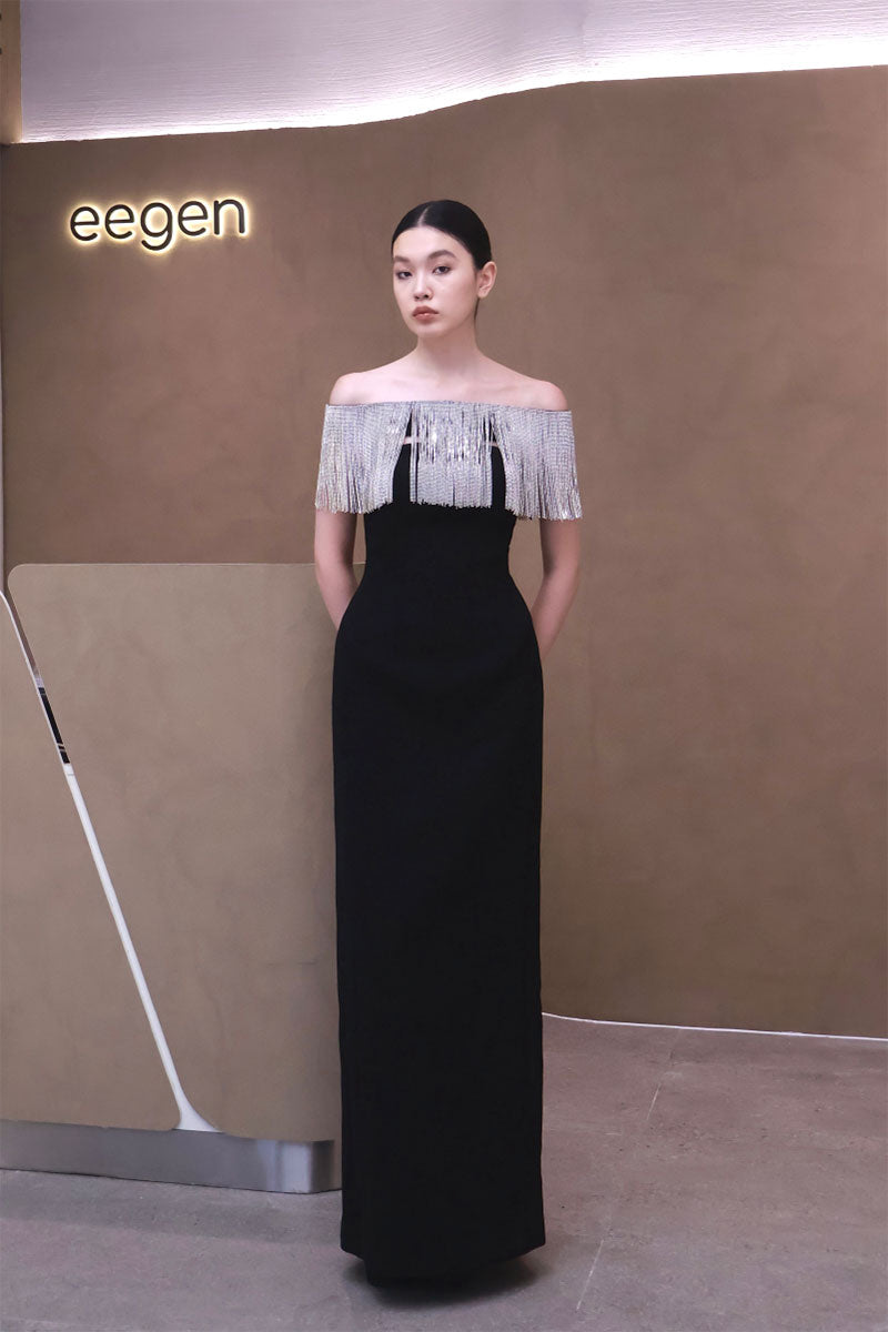 Elegant Kaya dress gown by Eegen Studio, featuring a flowing design and intricate details, shown in a stylish front view.