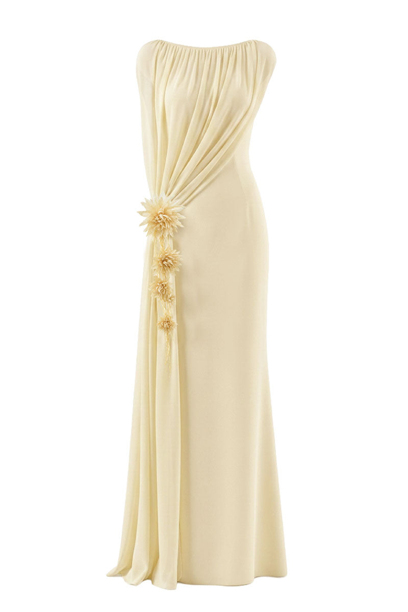 Elegant Nayla dress gown by EEGEN Studio featuring flowing fabric and intricate design, shown in a stylish full-length view.